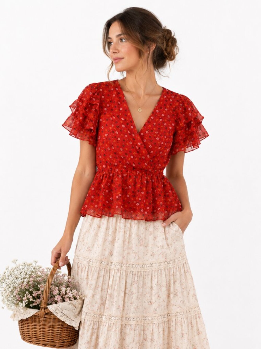 Madewell Red Floral‎ Peplum Blouse Ruffle Feminine Boho Cottagecore Women's 4